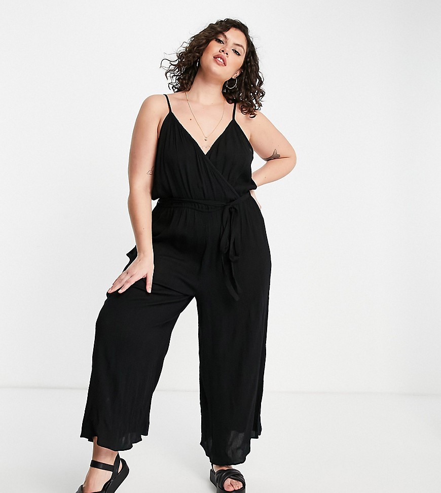 ASOS DESIGN Curve wrap front cami culotte trim jumpsuit in black