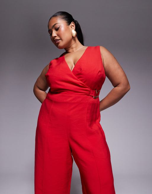 ASOS DESIGN Curve wrap front cut out jumpsuit with buckle detail in red, 2 of 4