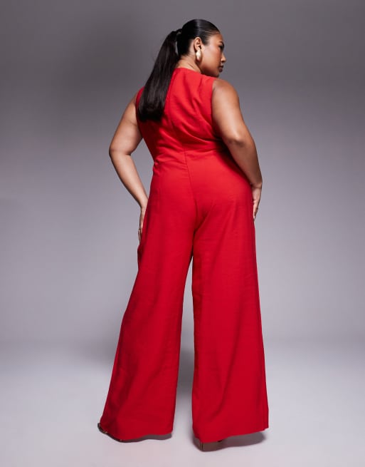 ASOS DESIGN Curve wrap front cut out jumpsuit with buckle detail in red, 3 of 4