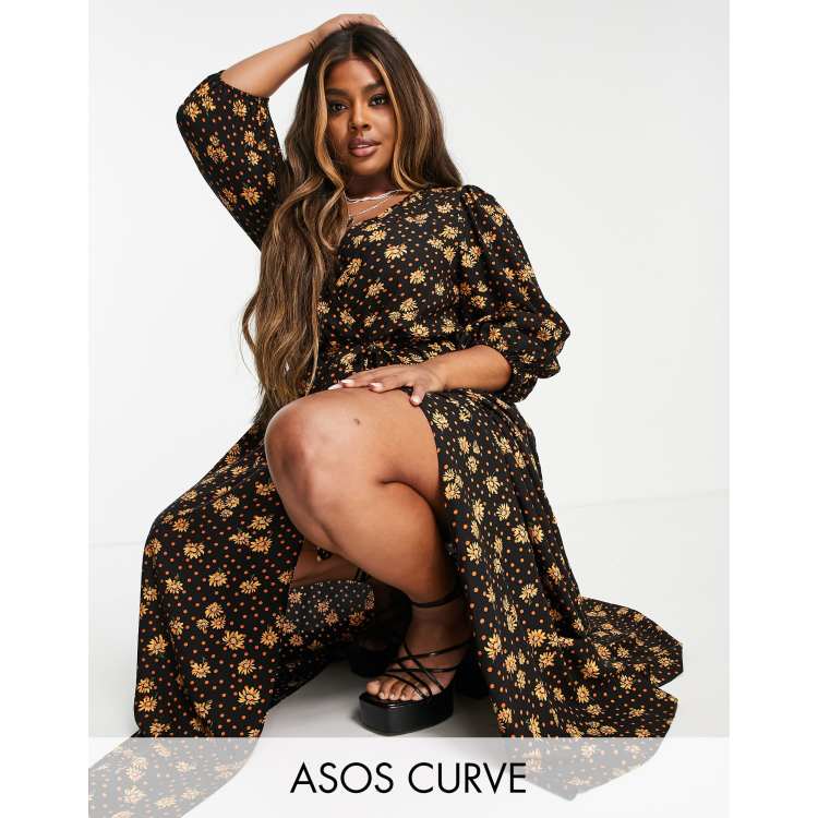 ASOS DESIGN Curve wrap front midi dress in floral and spot print | ASOS