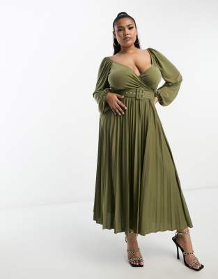 ASOS DESIGN Curve wrap front midi dress with pleat skirt and belt in khaki-Green