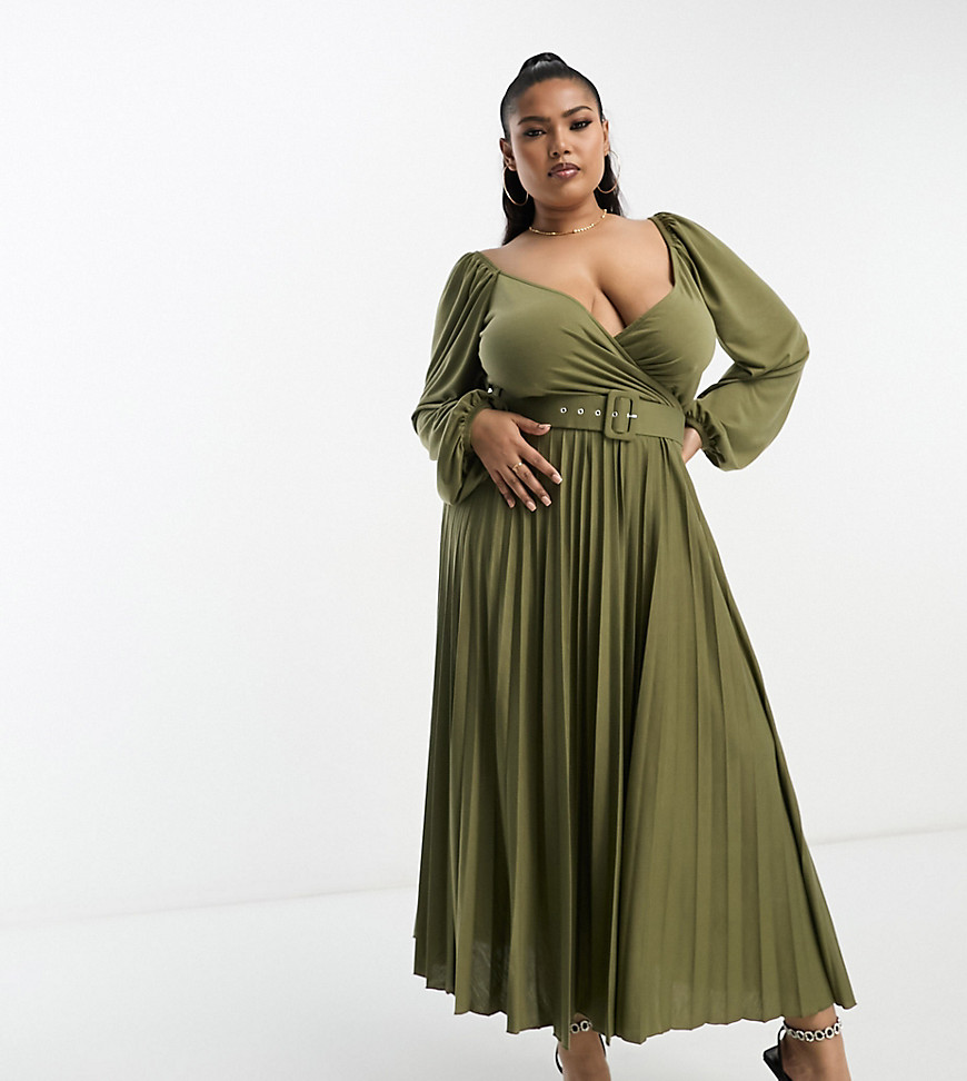 Asos Curve Asos Design Curve Wrap Front Midi Dress With Pleat Skirt And Belt In Khaki-green
