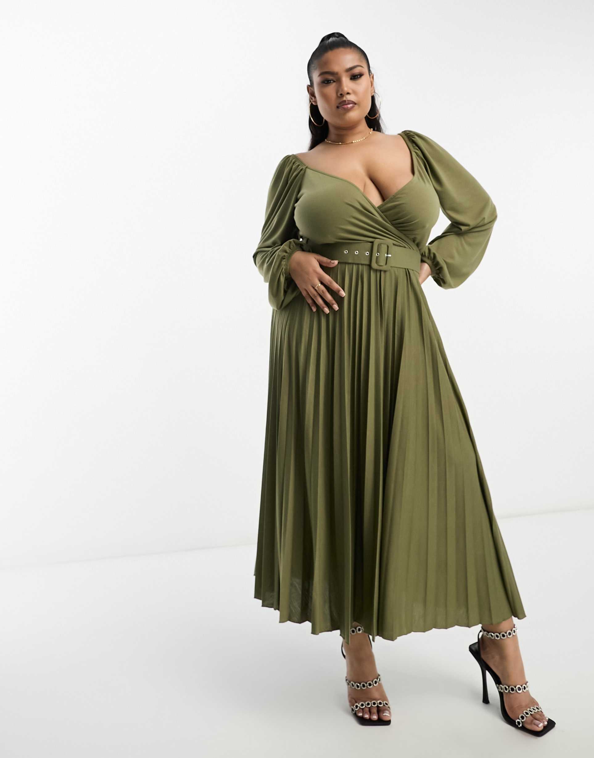 asos design curve wrap front midi dress with pleat skirt and belt in khaki