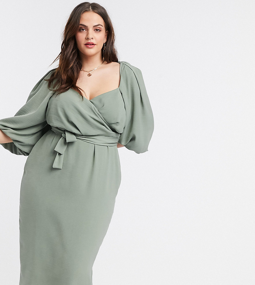 ASOS DESIGN Curve wrap front midi dress with puff sleeves in khaki-Green