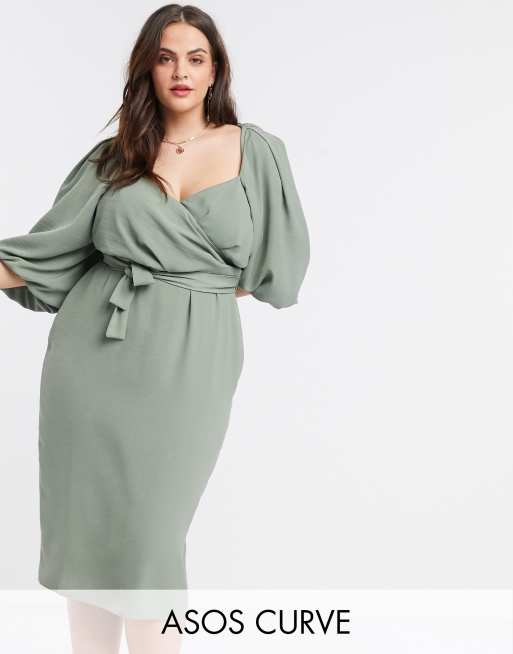 ASOS DESIGN Curve wrap front midi dress with puff sleeves in khaki