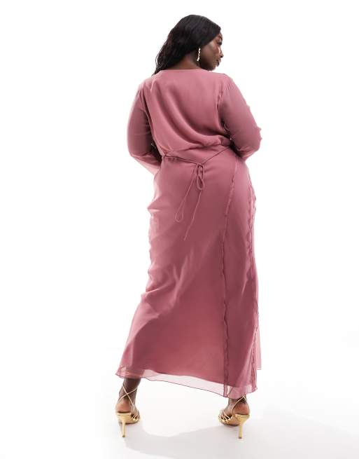 ASOS DESIGN Curve wrap front midi dress with seam details in raspberry, 3 of 4