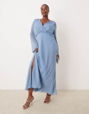 ASOS DESIGN Curve wrap front midi dress with seaming details in denim blue-Multi