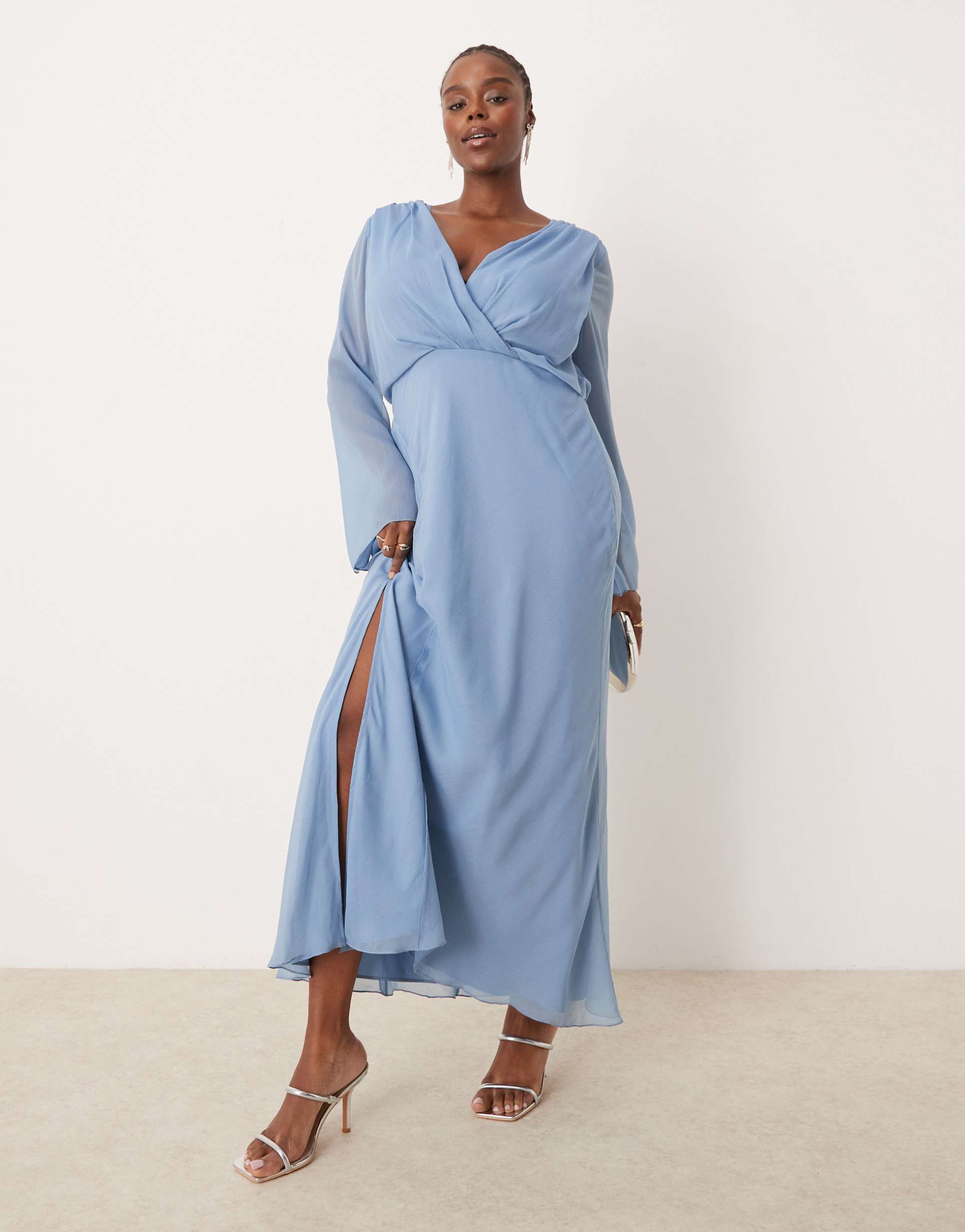 asos design curve wrap front midi dress with seaming details in denim blue