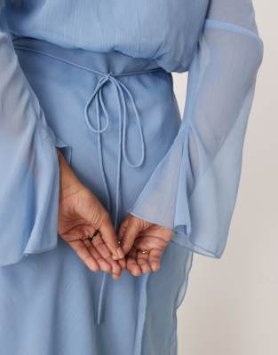 asos design curve wrap front midi dress with seaming details in denim blue