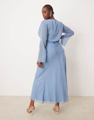 asos design curve wrap front midi dress with seaming details in denim blue