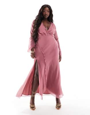 Asos Design Curve Wrap Front Midi Dress With Seaming Details In Raspberry-Pink