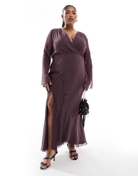 ASOS DESIGN Curve wrap front midi dress with seaming details in wine - view 1