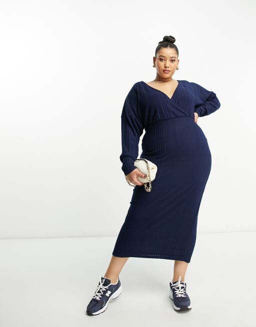 Asos Design Curve Wrap Front Midi Supersoft Rib Dress With Long Sleeve