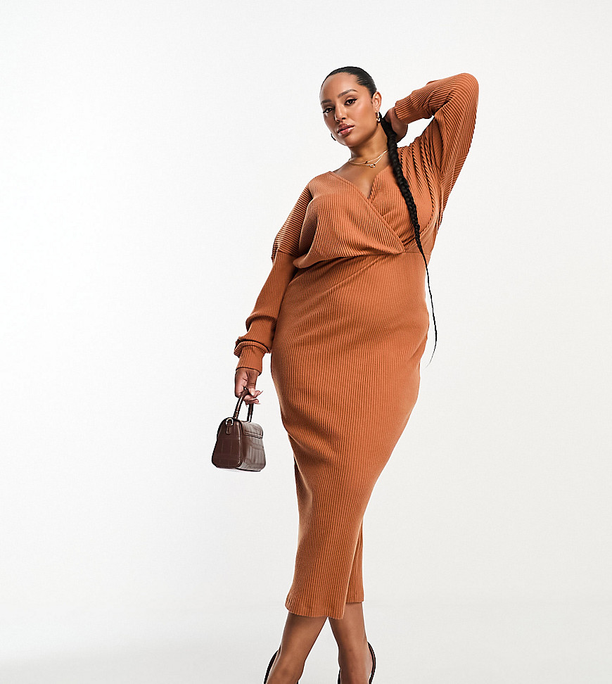 ASOS DESIGN Curve wrap front midi supersoft rib dress with long sleeve in rust-Brown