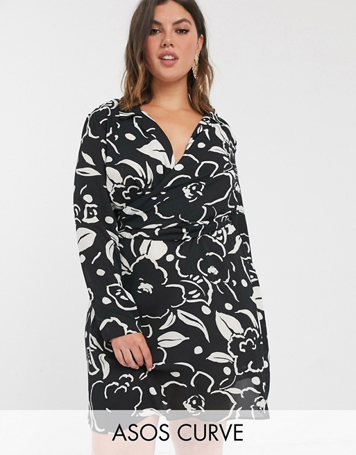ASOS DESIGN Curve wrap front mini dress in abstract floral print