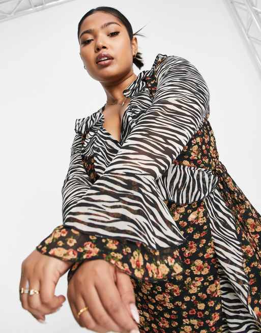 ASOS DESIGN Curve wrap front mini dress in mix and match zebra and floral print, 3 of 4