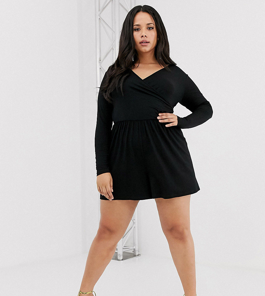 ASOS DESIGN Curve wrap front playsuit with long sleeves-Black