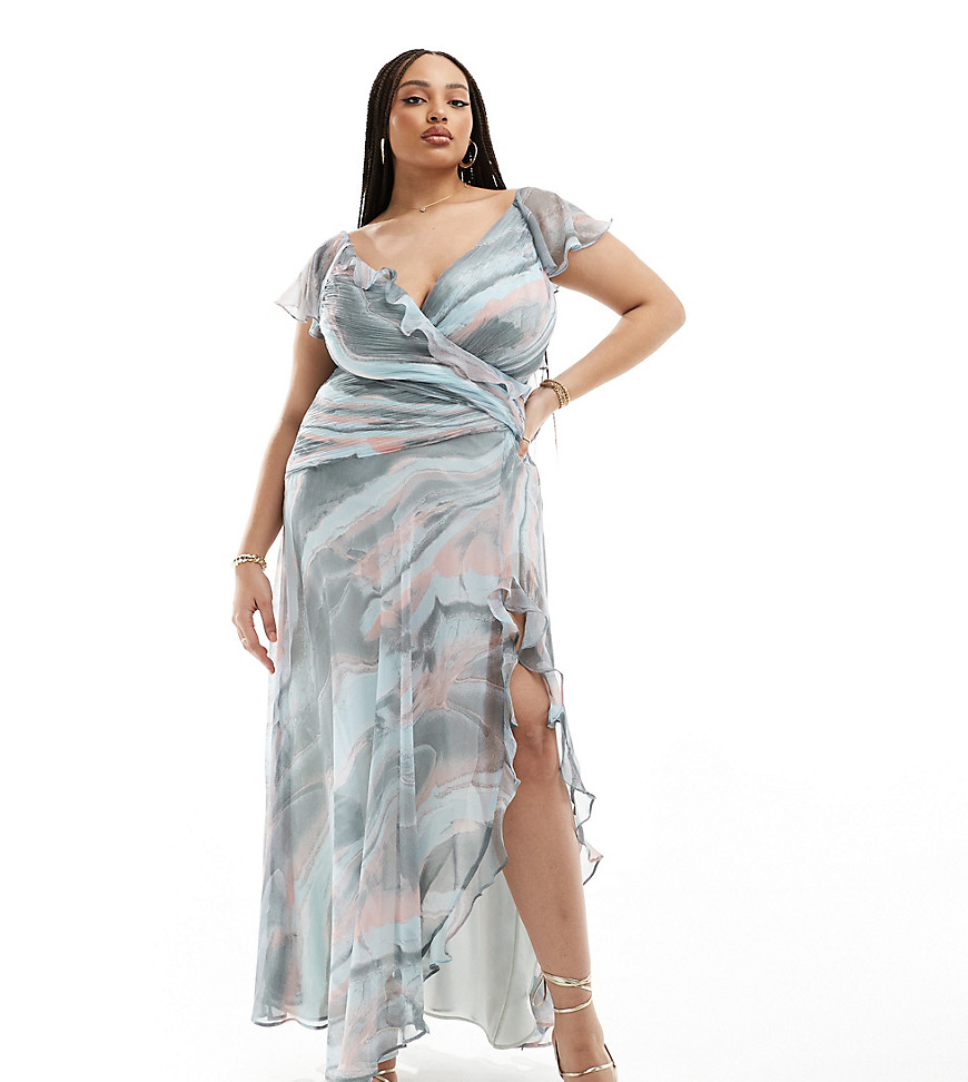 ASOS DESIGN Curve wrap front ruffle maxi dress with high split detail in abstract print-Multi