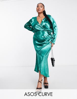 Asos Curve Asos Design Curve Wrap Front Satin Midi Dress With Cowl Back Detail In Dark Green