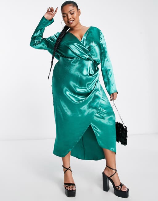 ASOS DESIGN Curve wrap front satin midi dress with cowl back detail in dark green