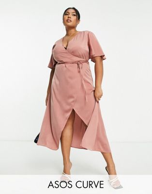ASOS DESIGN Curve wrap front satin midi dress with tie waist & flutter sleeve in brown