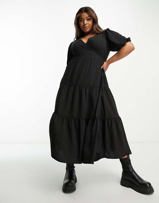 ASOS DESIGN Curve wrap front tiered smock midi dress in black | ASOS