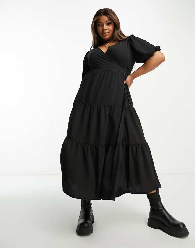 ASOS DESIGN Curve wrap front tiered smock midi dress in black