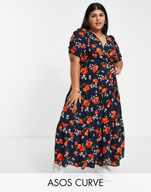 ASOS DESIGN Curve wrap front tiered smock midi dress in navy floral ...