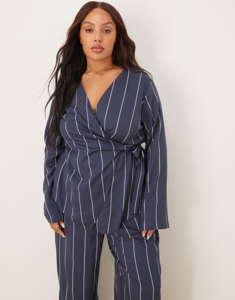 ASOS DESIGN Curve wrap front top in blue stripe (part of a set) - view 1