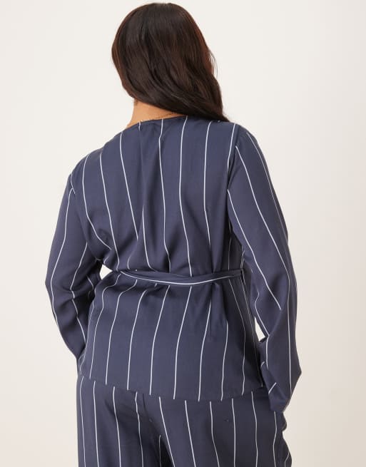 ASOS DESIGN Curve wrap front top in blue stripes - part of a set, 3 of 4