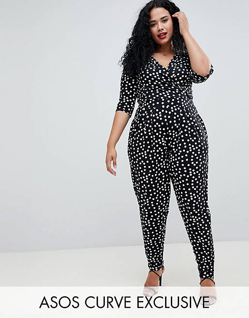 ASOS DESIGN Curve wrap jumpsuit with 3/4 sleeve in spot