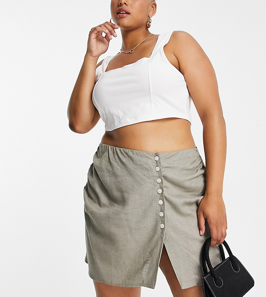 Asos Curve Asos Design Curve Wrap Linen Mini Skirt With Buttons In Natural Fleck In Khaki-green
