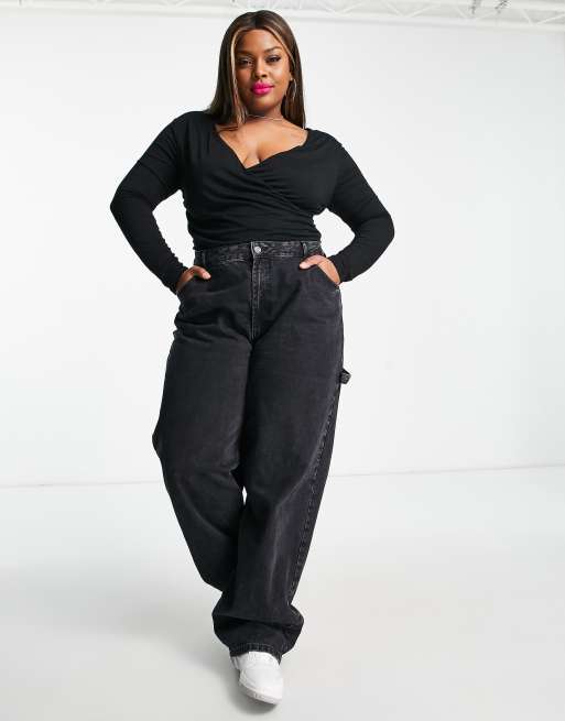 ASOS DESIGN Curve wrap long sleeve bodysuit in black, 3 of 5