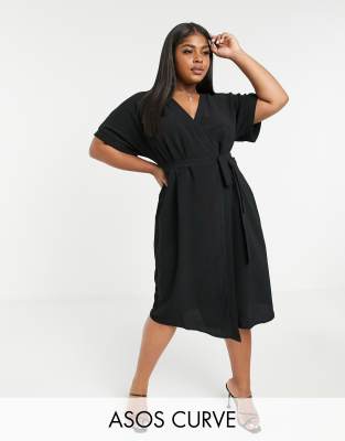 ASOS CURVE ASOS DESIGN CURVE WRAP MIDI DRESS IN BLACK