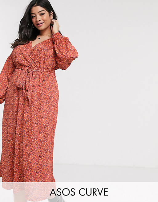 ASOS DESIGN Curve wrap midi dress with belt in red ditsy