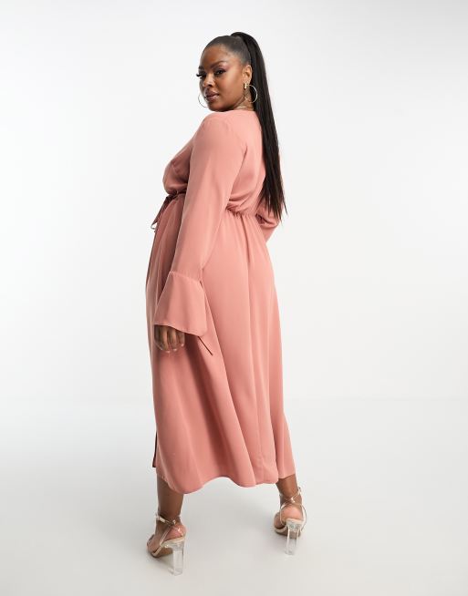 ASOS DESIGN wrap front collar long sleeve midi dress with tie waist in  terracotta