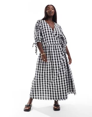 ASOS DESIGN Curve wrap midi smock dress in mono gingham-Multi