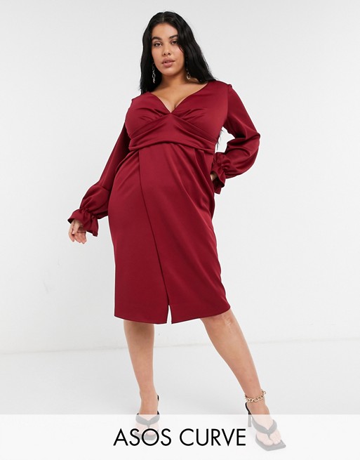 ASOS DESIGN Curve wrap plunge mini dress with flute sleeve in wine