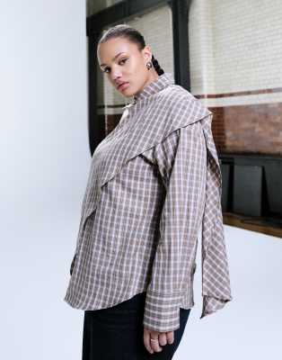 Asos Design Curve Wrap Scarf Detail Oversized Shirt In Brown