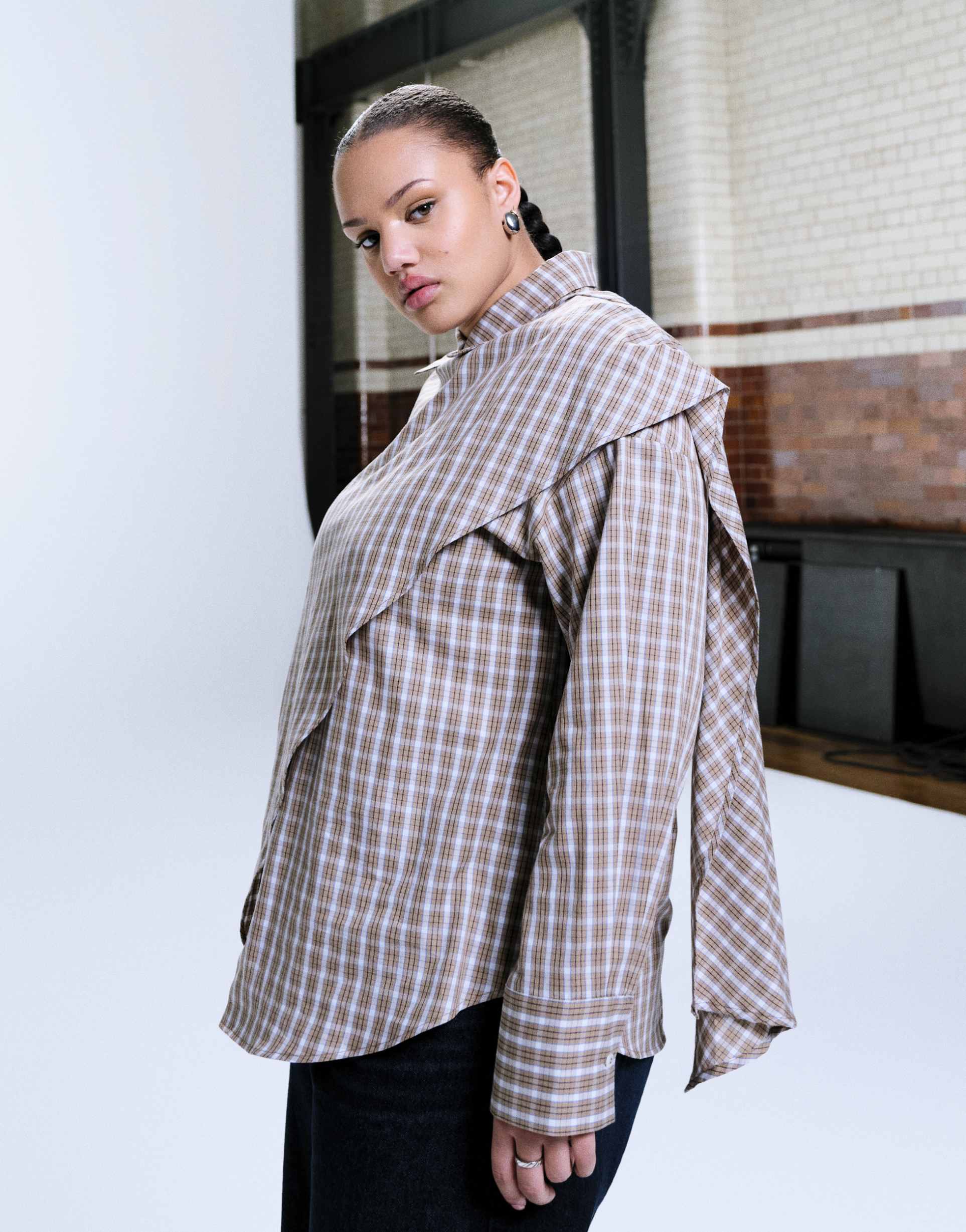 asos design curve wrap scarf detail oversized shirt in plaid