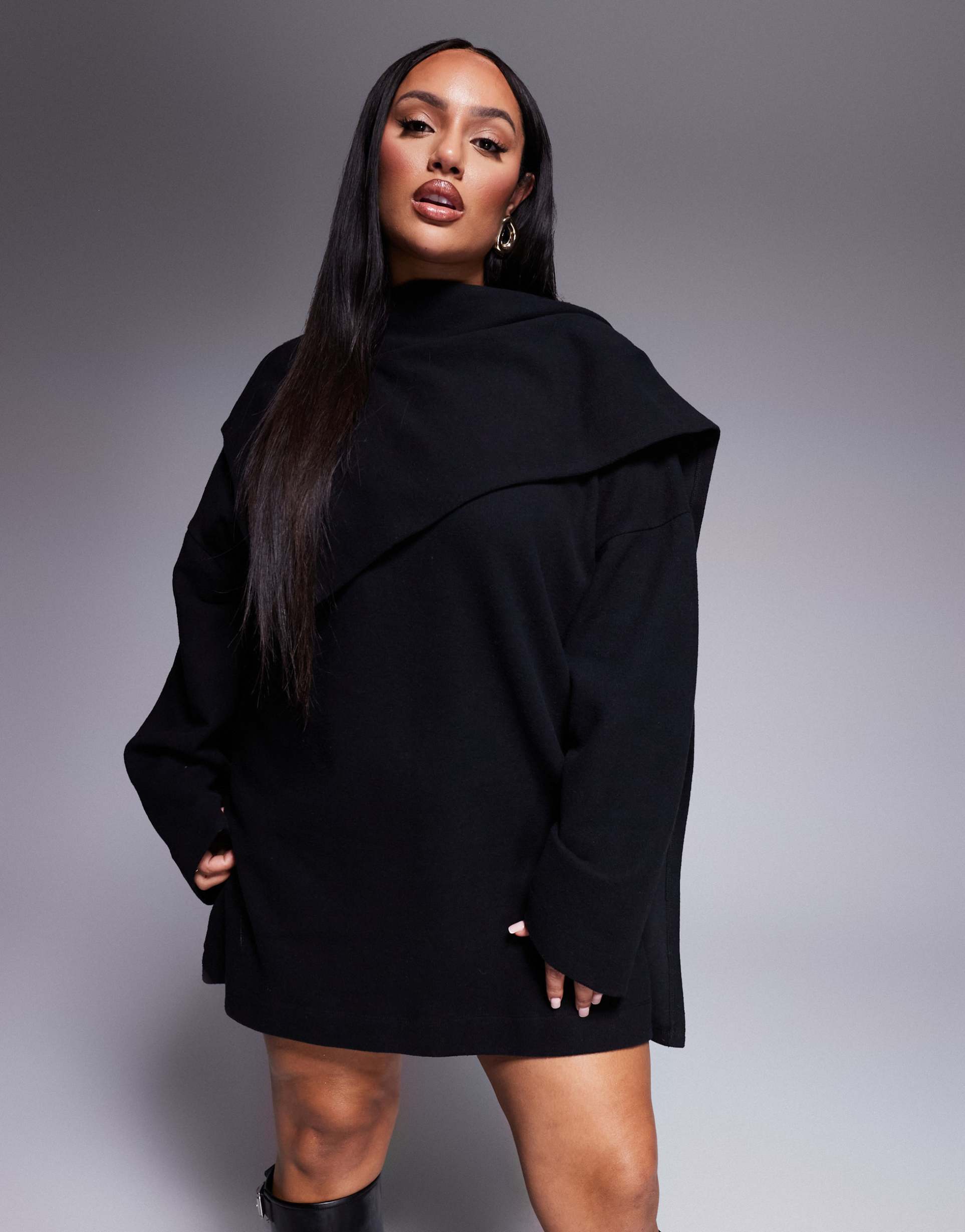 asos design curve wrap scarf neck mini dress in black