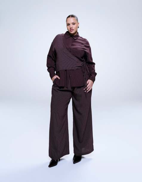 ASOS DESIGN Curve wrap shirt in cutabout plum stripes - part of a set - view 1