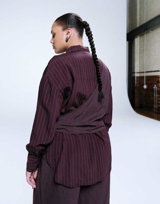 ASOS DESIGN Curve wrap shirt in cutabout plum stripes - part of a set, 4 of 4
