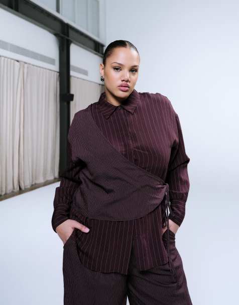 ASOS DESIGN Curve wrap shirt in cutabout stripe in plum (part of a set) - view 1