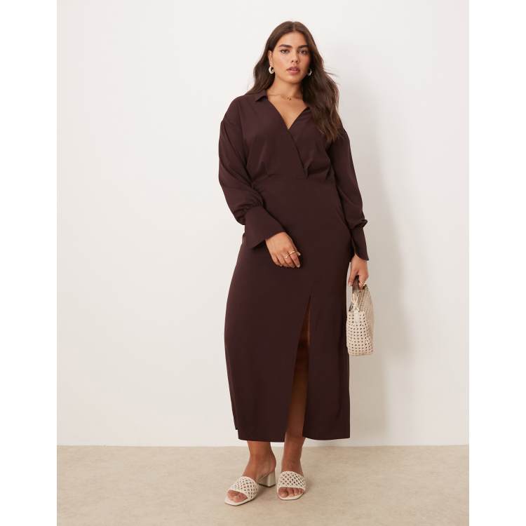 ASOS DESIGN Curve wrap shirt midi dress with seaming details in chocolate