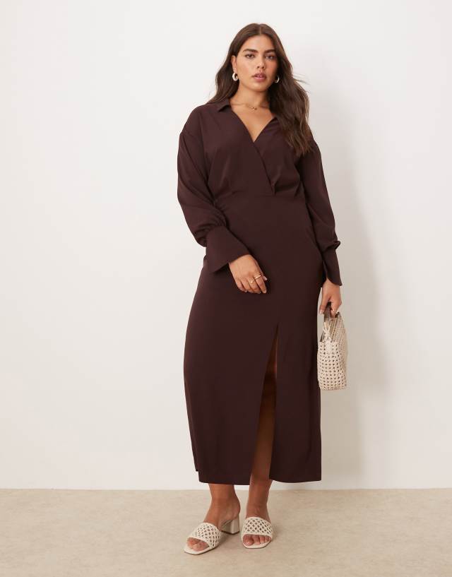 ASOS DESIGN Curve wrap shirt midi dress with seaming details in chocolate