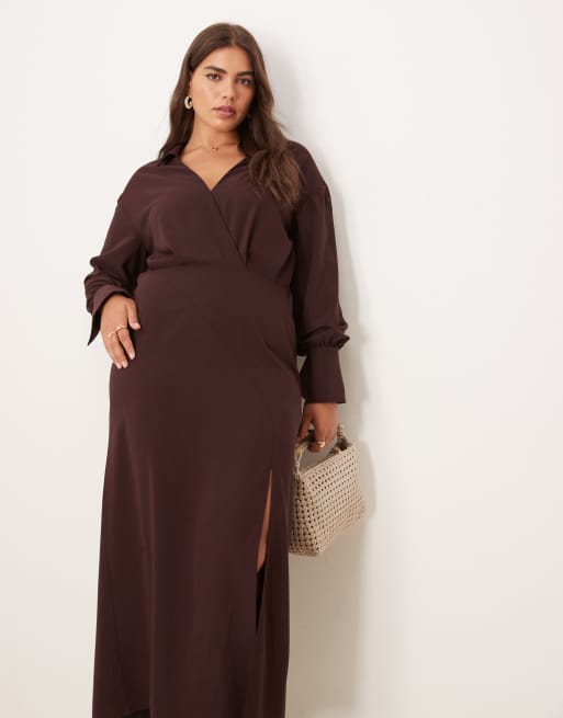 ASOS DESIGN Curve wrap shirt midi dress with seaming details in chocolate
