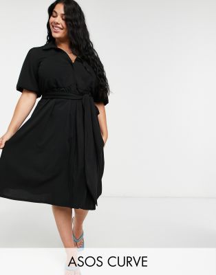 ASOS CURVE ASOS DESIGN CURVE WRAP SHIRT MIDI SKATER DRESS WITH SELF BELT IN BLACK,CU3938