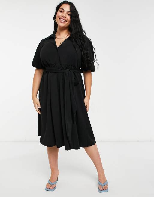 black wrap skater dress boohoo Women's Plus Size Wrap Tie Belt Skater Dress