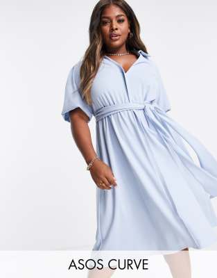 ASOS DESIGN Curve wrap shirt midi skater dress with self belt in light blue  | ASOS